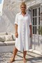 White Shirt Collar 3/4 Sleeve Buttoned Pocket Casual Muslin Woven Dress 122 65 - 4