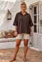 Brown Shirt Collar Short Sleeve Buttoned Mesh Pocket Embroidered Casual Cotton Woven Blouse 70 60 - 6
