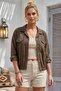 Light Brown Shirt Collar 3/4 Sleeve Buttoned Embroidered Hole Embroidery Cotton Oversize Woven Jacket 65 79