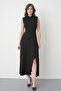 Women's Black Oysho Fabric Stand Collar Slit Basic Black Midi Dress 77161 - 4