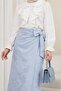 Lined, Double-Layered, Patterned Linen-Look Skirt with Tie-Waist Detail on the Front - Light Blue - 3