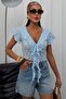 Women's Lace Crop Blouse V Neck Ruffle Lace up See-Through Summer Chic Blouse - 2