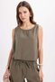 Women's Standard Fit Regular Cut Sleeveless Lycra Crew Neck Blouse Wide Leg Khaki Trousers Set - 7