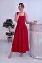 Women's Square Neck Backless Bow Detailed Strappy Midi Length Woven Evening Dress Red, Black - 3