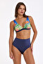 Women's Navy Floral Pattern High Waist Slim Covered V-Neck Gathering Bikini Set
