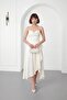 Women's Ecru Degaje Collar Strap Midi Satin Evening Dress