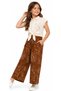Girl's Button-Closure, Tie-Front, Floral Patterned Wide-Leg Model with Pockets, Floral Patterned Trousers, Beige Color Stylish Set - 2