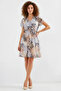 Women's Short Sleeve Belted Patterned Chiffon Gray Dress - 5