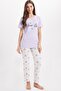 Women's Regular Fit Classic Cut 100% Cotton Crew Neck Short Sleeve Printed Lilac Pajama Set - 8