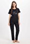 Women's Regular Fit Classic Cut 100% Cotton Ruffle Detailed Short Sleeve Printed Black Pajama Set