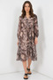 Women's V-Neck Gathered Waist Patterned Chiffon Light Beige Dress - 3