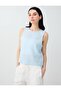 Sky Blue 100% Linen Round Neck Sleeveless Woven Blouse - 5