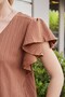 Women's Linen-Look Non-Lycra Fabric V-Neck Shirt with Flounce Sleeves-Tan - 6