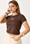 Women's Short Sleeve Letter Printed Stoned Crop Blouse Brown
