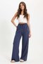 Women's Relax Fit Comfortable Cut, Lace-Up Waist, Elastic Stripe Detail, Double Pockets, Navy Blue Trousers