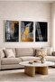 Night Glittering Black, Gold Foil Abstract 3-Piece Glass Painting Set with White Metal Frame for Home and Office - 3