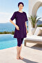 Purple Islamic Swimwear Set Plus Size Includes Cap Half Sleeve Stretchy Fabric Swimwear Set - 5