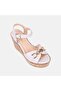 Women's Beige Leather Sandals with Gold Accessories and Wedge Heels - 7