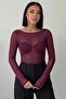 Brown Sheer Wide-Collar Long-Sleeve Women's Blouse