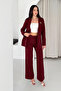 Burgundy Women's Accessory Lined Single Button Blazer Jacket & Fabric Trousers Suit - 2