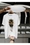 Unisex Oversize Printed Cotton Crew Neck Short Sleeve White T-Shirt Aslan