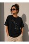 Women's Minimal Cat Illustration Printed T-Shirt Short Sleeve Summer T-Shirt - Black - 2