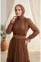 Belted Tulle Hijab Evening Dress 5720-01 Brown - 3