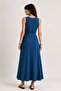 V-Neck Tie-Detail Midi Dress Plain Navy Blue - 4