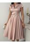 Powder V-Neck Belted Short Sleeve Midi Evening Dress - 4