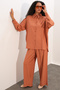 Women's Textured Shirt and Trousers Two-Piece Set 6710 - Salmon - 4