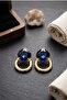 Dark Blue Stone Hoop Earrings 3.5 Cm. - 3