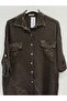 Women's Brown Italian Collar Sequin Embroidered Foldable Long Sleeve Oversize Linen Shirt 40 - 46 Size - 2