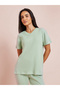 Green Rib V Neck Drop Shoulder T-Shirt and Pyjama Set - 2