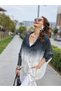 Women's Smoked Ombre Cotton Linen Hooded Long Sleeve Pocketed Mesh Detailed Bohemian Jacket Shirt - 2