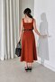 Tile Strap Square Collar Belt Detail Midi Length Crepe Fabric Dress - 2