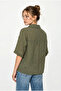 Women's Pistachio Green Self-Striped Open Collar Oversize Short Sleeve Shirt 60282055 - 5