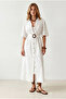 Women's White Sleeve Detailed Belted Lined Maxi Shirt Dress Elb-19002654 - 3