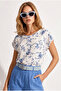 Women's White Blue V-Neck Woven Viscose Blouse Blz-19003048
