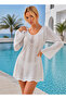 Women Front Back V-Neck Long Spanish Sleeve Back Tie Cotton White Mini Swimsuit Top Beach Dress