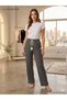 Women's Navy Blue Patterned Trousers with Elastic Waist and Lace-Up Pockets - 2