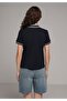 Regular Fit Polo Collar Embroidered Women's Navy Blue Short Sleeve T-Shirt - 2