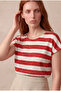 Women's Regular Fit Crew Neck Short Sleeve Ecru / Brick Red Striped Viscose / Elastane T-Shirt Wilda - 5