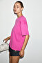 Lagertha women's 100% organic cotton thick textured oversize fit round neck fuchsia t-shirt - 3