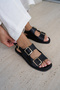 Lois Women's Black Double Buckle Flat Sole Sandals - 5