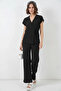 Women's V-Neck Belted Black Double Suit - 4