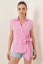 Women's Wrap Collar Belted Zero Sleeve Cotton Pink Shirt