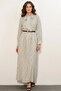 Women's Bow Collar Belted Polka Dot Ecru Hijab Dress - 2