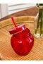 Red Strawberry Figured Glass Soft Drink Cup with Straw - 2