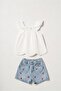 Girl's White Muslin Blouse and Cherry Embroidered Denim Shorts Set