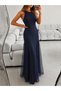 Women's Strappy Crew Neck Asymmetrical Hem Tulle Detailed Long Imported Crepe Dress - 2